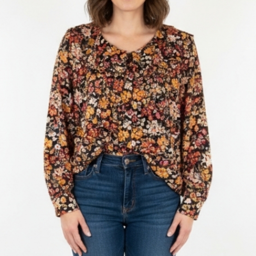 ​Vintage Funtastique 90s Rayon Floral Ruffle Blouse Black XL